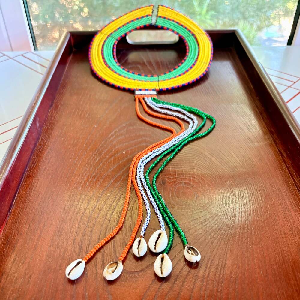 Vintage Beaded Maasai Style Collar Tribal Necklace with Cowrie Shell Drops